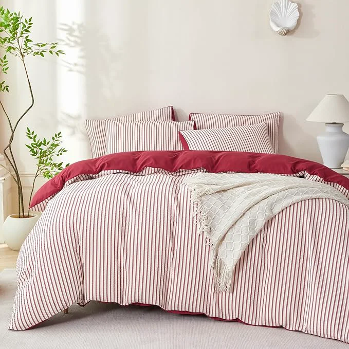 Sustainable Comforter Set King Size Brick Red Striped Soft Luxury Washed Microfiber Jacquard 3 Pieces White Brick Red Vertical Ticking Stripes Pattern Comforter with 2 Pillowcases Breathable Durable Comfy High-Quality