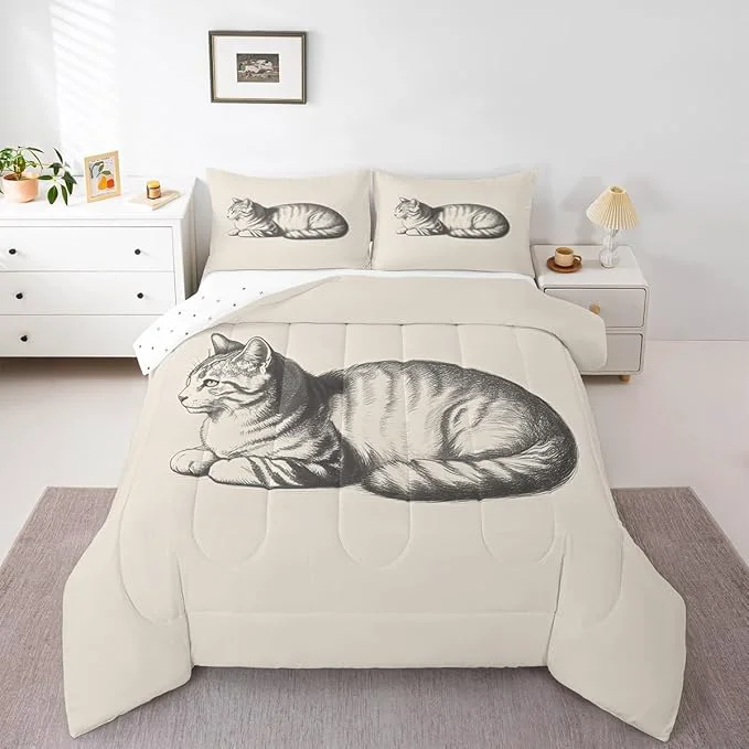 Trusted Erosebridal Cat Comforter Set King Size Kitten 3D Quilt Insert for Kids Boys Girls Kawaii Sketch Animal Cute Beige White Comforter Warm Soft Bedding Set Comfortable
