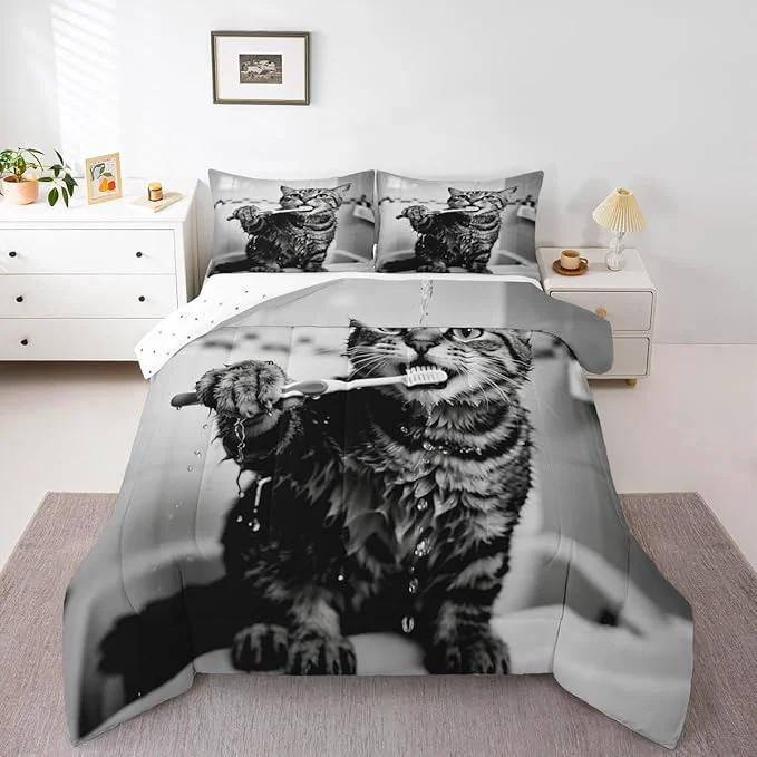 Sophisticated Erosebridal Kitten Bedding Set King Size Cute 3D Comforter Set for Kids Boys Girls Toothbrush Kawaii Animal White Black Comforter Warm Soft Quilt Insert Verified