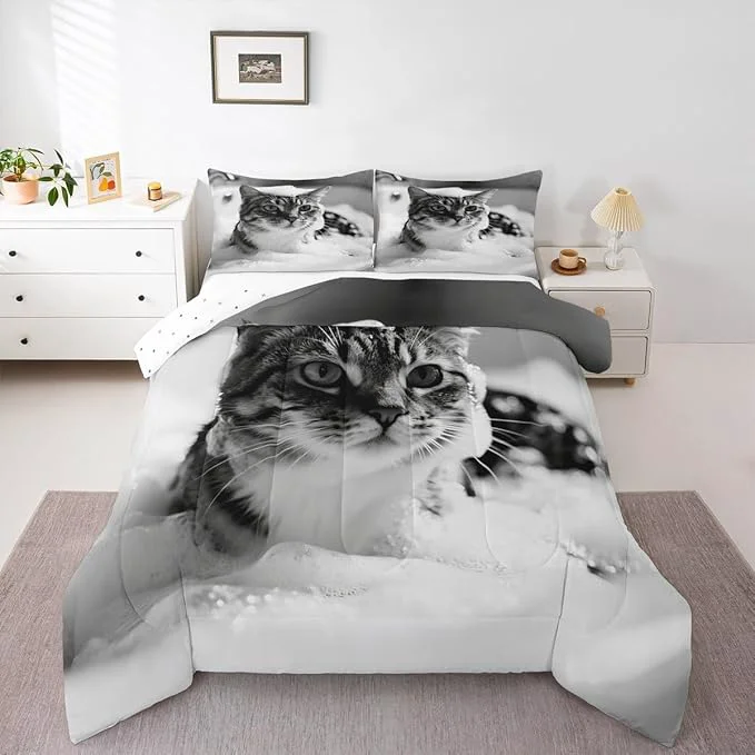 Sophisticated Erosebridal Cat Comforter Set Twin Size Cute Kitten Quilt Insert for Kids Men Women Kawaii Beard Animal White Grey Comforter Warm Soft Bedding Set Secure
