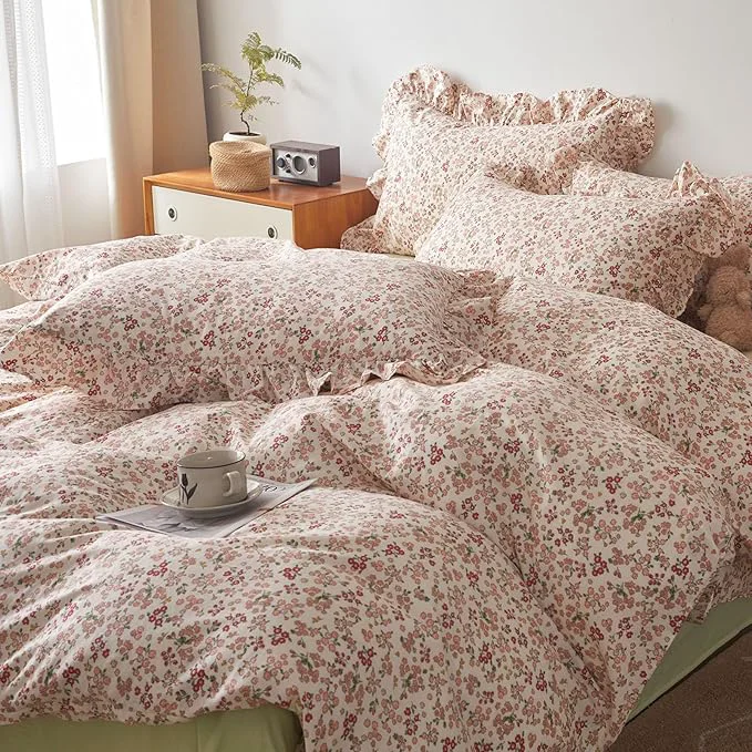 Superior HighBuy Ruffle Comforter Set King Pink Floral 3 Piece Botanical Bedding Comforter Sets King with 2 Pillowcases Cozy Boho Style Comfy Soft Comforter Set for Women Girl Bedding Collection Minimalist