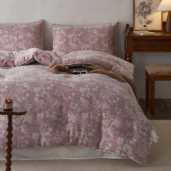 First-Class HighBuy Pink Floral Comforter Set Queen Boho Chic Muslin Cotton Bedding Comforter Sets Lightweight Soft amp Warm Bed Comforter Queen with 2 Pillowcases for All Season Stylish