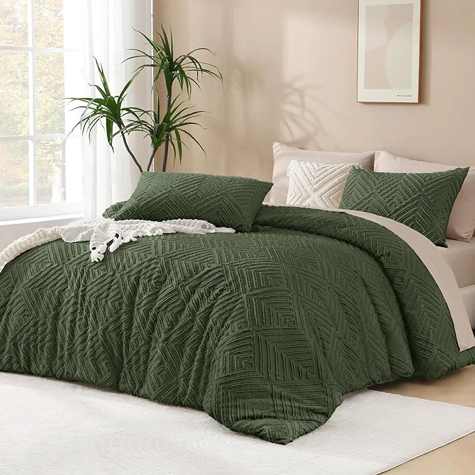 Natural Andency Dark Olive Green Comforter Set King Size 3 Pieces Boho Men Bedding Set amp Collections Farmhouse Tufted Fluffy Bedding Comforter Set for All Seasons 1 Comforter 104x90In 2 Pillowcases Clean