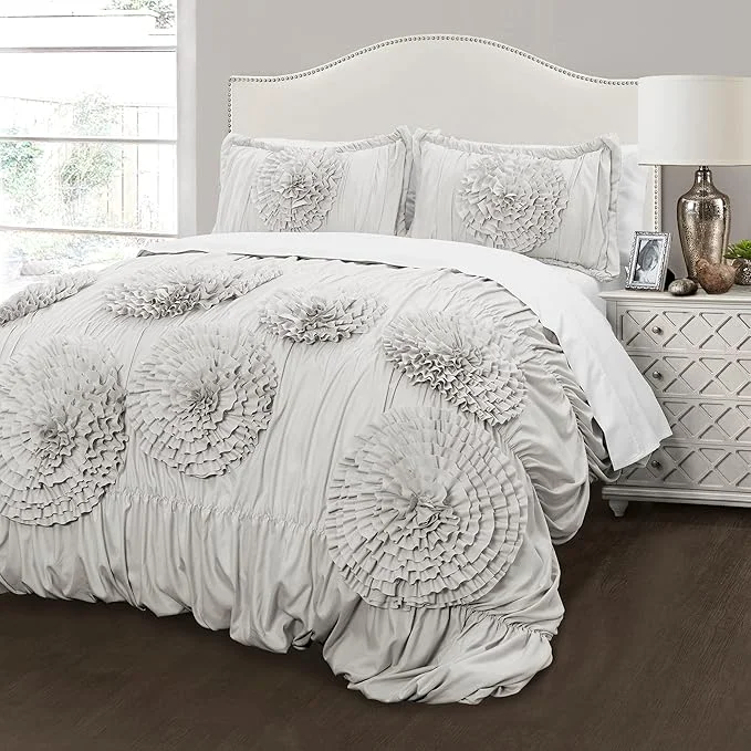 Official Lush Decor Serena Comforter Set 3 Piece Set Full Queen Light Gray – Cute Comforter – Queen Bedding Set – Gray Comforter Queen Size – Coquette Decor Traditional
