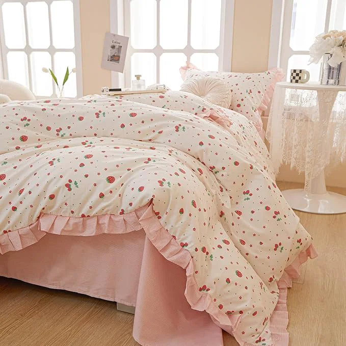Professional HighBuy Strawberry Comforter Set King Size Pink and White Ruffled Bedding Comforter with 2 Pillowcases Kawaii Reversible Striped Comforter Set Lightweight and Cozy for College Girl Crafted