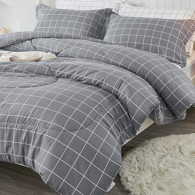Effective Andency Grey Grid Comforter Set King Size 104×90 inch 3 Pieces 1 Grey Comforter and 2 Pillowcases Summer Lightweight Microfiber Down Bedding Comforter Sets with White Lines Secure