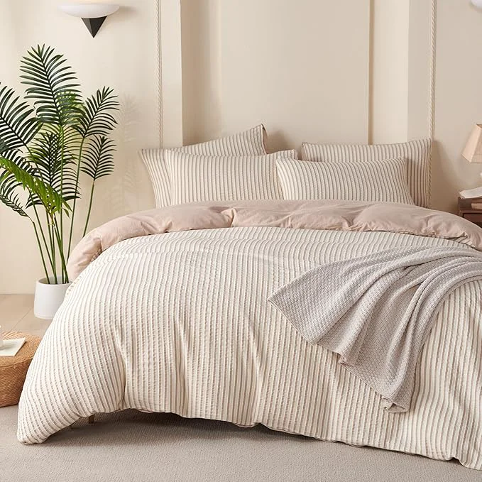 Advanced Comforter Queen Set Beige Striped Soft Luxury Washed Microfiber Jacquard 3 Pieces Bedding White Beige Vertical Ticking Stripes Pattern Comforter with 2 Pillowcases Breathable Durable Comfy Exceptional