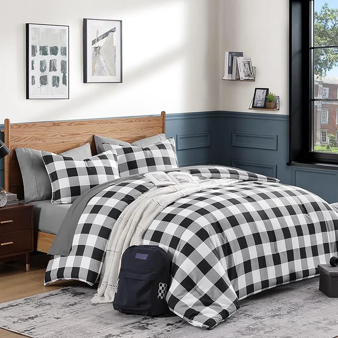 Flexible Andency Black Grey White Plaid Comforter Set King Size 90×104 Inch 3 Pieces 1 Gingham Comforter and 2 Pillowcases Summer Lightweight Microfiber Buffalo Check Down Comforter Set Healthy