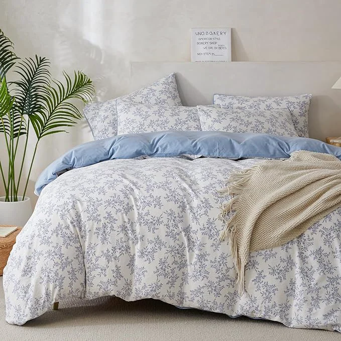 Verified King Comforter Set Floral Soft 3 Pieces Chic Crinkle Gauze Fabric Garden Style Blue Floral Print Botanical Flower Comforter for All Seasons Luxury Warmth Comfy Breathable with 2 Pillowcases Refined