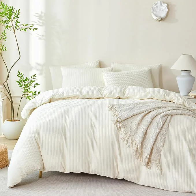 Comfortable Comforter King Set Beige Striped Soft Luxury Washed Microfiber Jacquard 3 Pieces Bedding Set Beige Vertical Ticking Stripes Comforter with 2 Pillowcases Breathable Durable Comfy Healthy