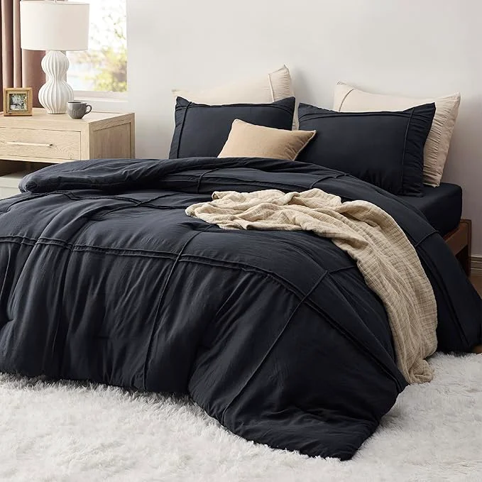 Enhanced Bedsure Queen Comforter Set with Sheet – 4 Pieces Soft Black Bedding Grid Pinch Pleat All Season Lightweight Fluffy Bed Set with Solid Boho Comforter Pillowcases amp Sheet Reliable