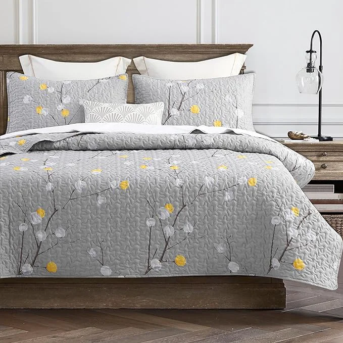 Eco-Friendly DURLENGEN Quilt Set California King Size 3Pcs Grey Branch with Dot Pattern Soft Microfiber Lightweight Bedspread for All Season Layering 112×104 Botanical Grey Elegant