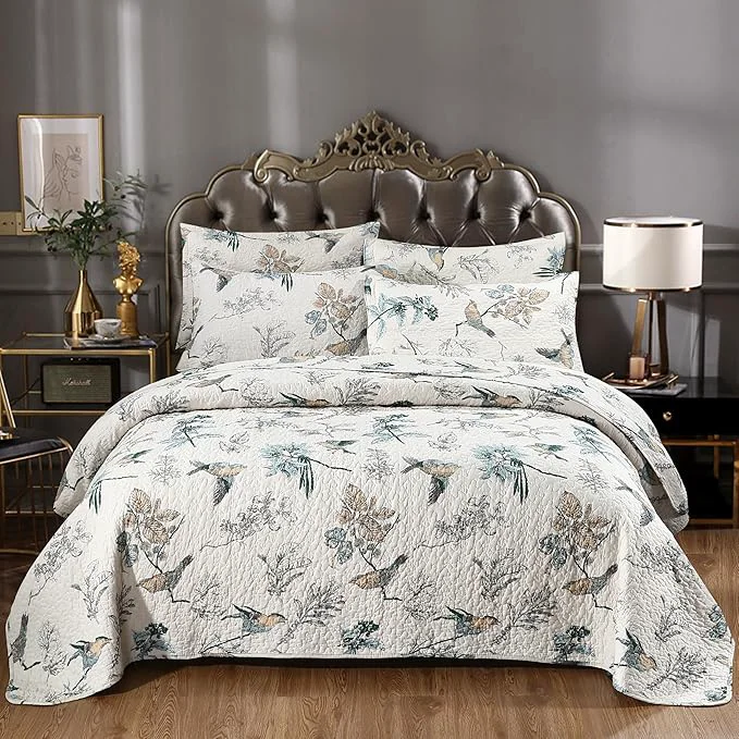 Soft DURLENGEN Birds amp Floral Cotton Queen Quilt 3Pcs Reversible Birds amp Flowers Pattern on White Luxury Lightweight Coverlet Sets for All Season Queen 90×96 Birds amp Floral Reusable