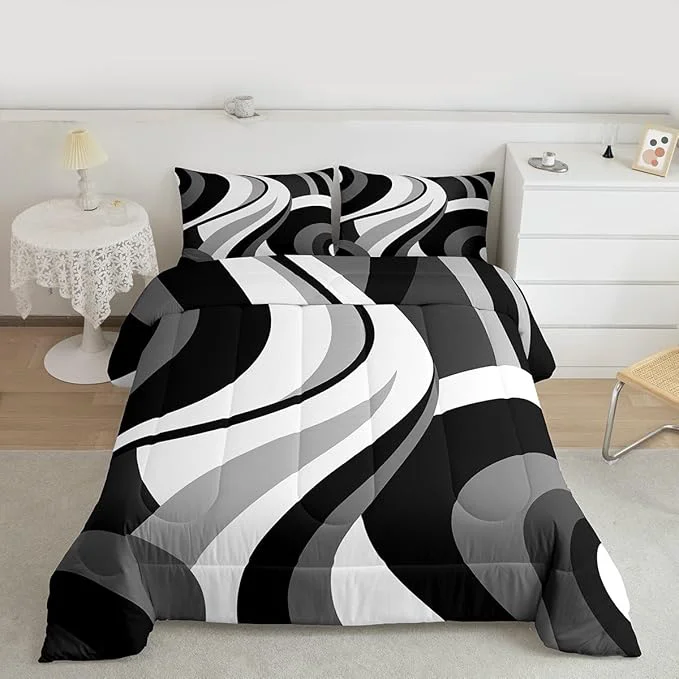 High-End Gray Black White Spiral Twin Comforter Set for Adult Women Men Modern Swirls Stripes Abstract Bedding Set for Minimalists Boho Aesthetic Geometric Bed Sets Graffiti Art Lines Quilt Sets Relaxed