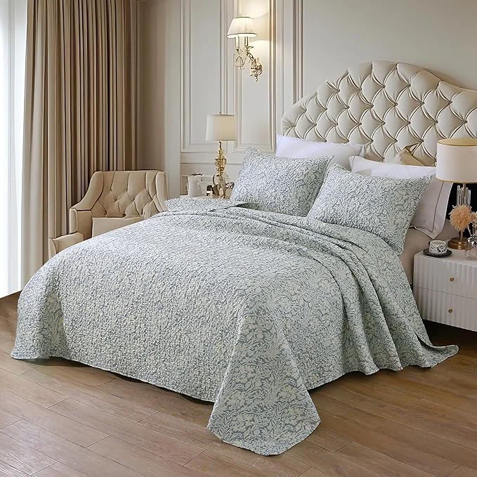 High-Quality DURLENGEN Quilt Set California King Size 3Pcs Bluish Grey Printed with Beige Leaves Pattern Soft Microfiber Lightweight Bedspread for All Season Layering 112×104 Beige Botanical World-Class