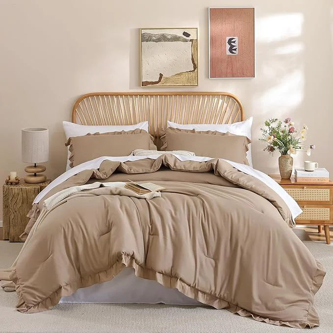 Luxury JANZAA King Ruffled Comforter Set 3PCS 1 Taupe Comforter Set and 2 Pillowcases Vintage Farmhouse Shabby Chic Bedding Soft Fluffy All Season Consistent