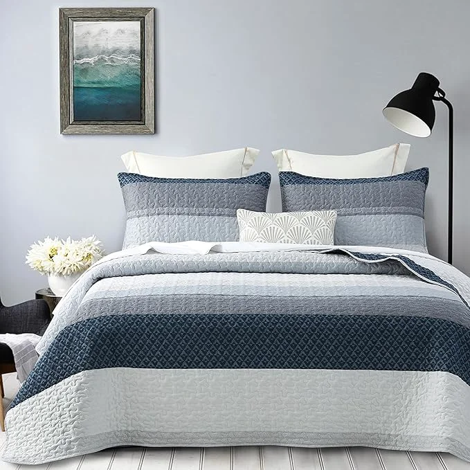 Authentic DURLENGEN Quilt Set King Size 3Pcs Soft Microfiber Lightweight Bedspread Blue amp Navy Striped Geometric Pattern Coverlet for All Season Layering King 106×96 Blue Patchwork Luxury