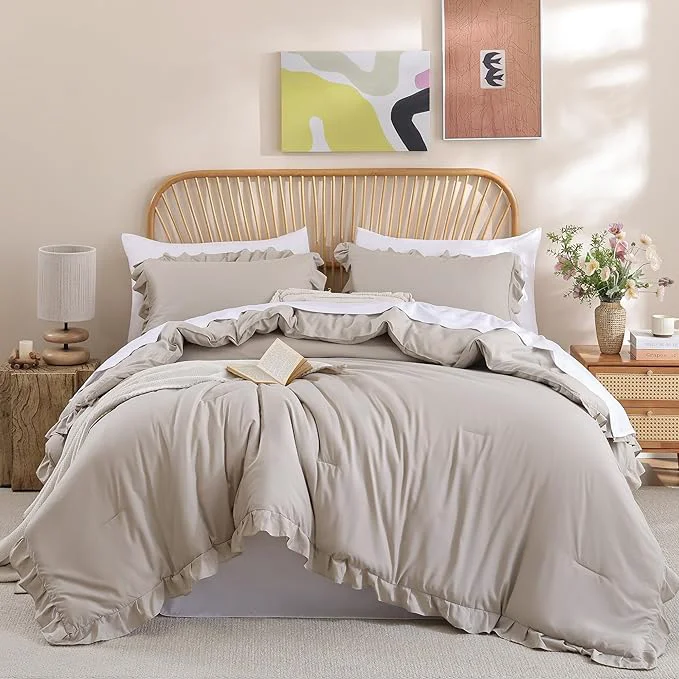 Functional JANZAA King Size Ruffled Comforter Set Soft Vintage Farmhouse Bed Set Shabby Fluffy 3PCS Bedding 1 Oatmeal Comforter Set and 2 Pillowcases First-Class