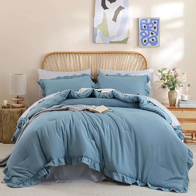 Detailed JANZAA Comforters Queen Size Mineral Blue Comforter Set Queen 3PCS 1 Ruffled Comforter Set and 2 Pillowcases Shabby Chic Bedding Vintage Soft Fluffy Bed Set for All Season Recyclable