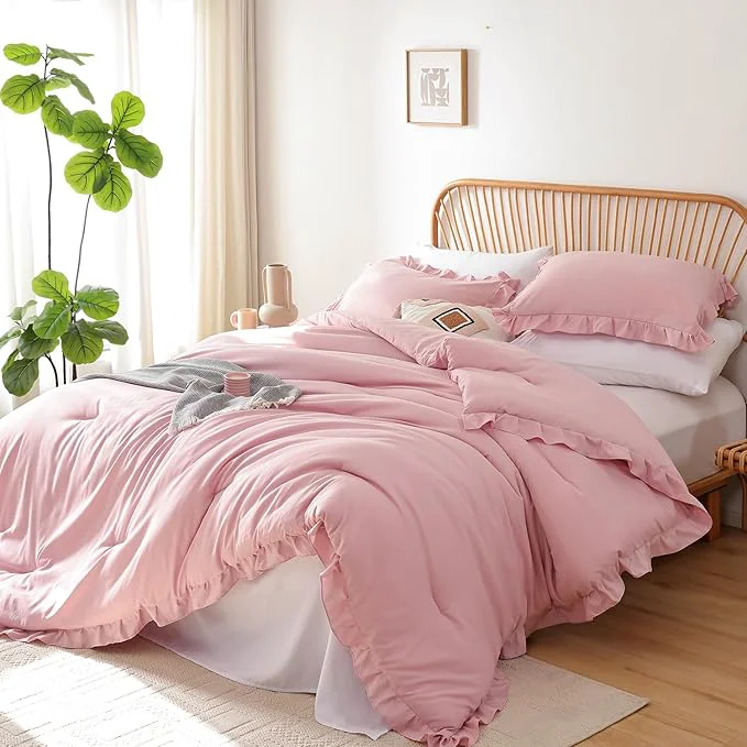 Official JANZAA Twin Comforter Set Baby Pink Ruffle Comforter with 1 Pillowcase Soft Twin Size Bed Set Vintage Farmhouse Bed Comforter Set Fluffy Shabby Chic Bedding for All Season Proven