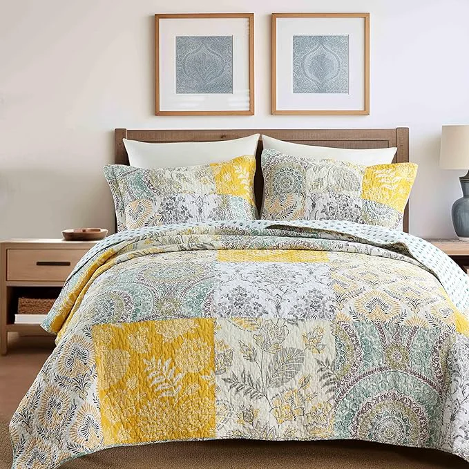 Specialty DURLENGEN Botanical Yellow Cotton King Quilt 3Pcs Bohemian Patchwork Leaves Pattern on White Luxury Lightweight Coverlet Sets for All Season King 106×96 Botanical Yellow Enhanced