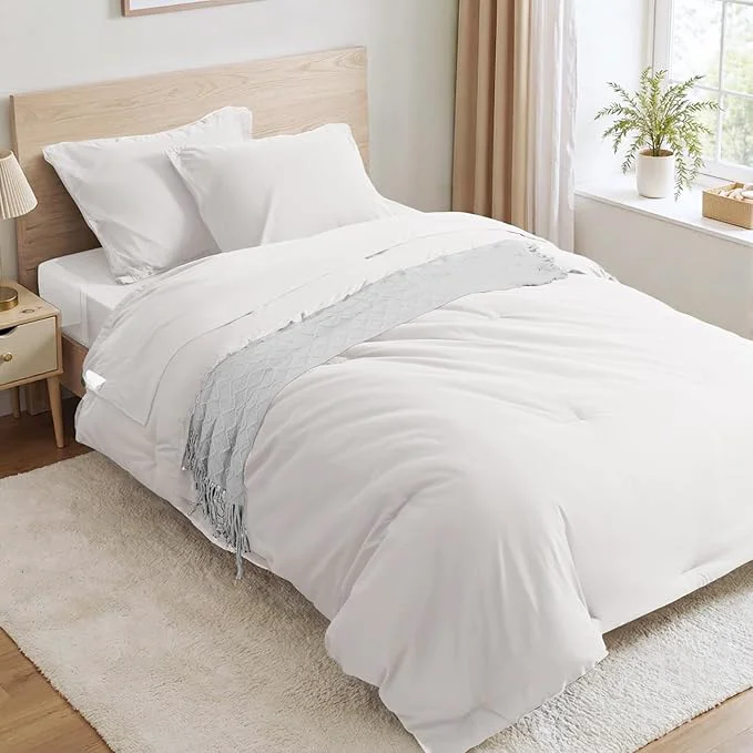Elite Anluoer White Twin Comforter Set 5 Pieces Bed in a Bag with Sheets All Season Bedding Sets with 1 Comforter 1 Pillow Sham 1 Pillowcase 1 Flat Sheet 1 Fitted Sheet Luxury