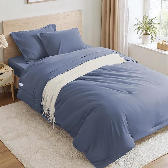 Advanced Anluoer Grayish Blue Twin Comforter Set 5 Pieces Bed in a Bag with Sheets All Season Bedding Sets with 1 Comforter 1 Pillow Sham 1 Pillowcase 1 Flat Sheet 1 Fitted Sheet High-Performance