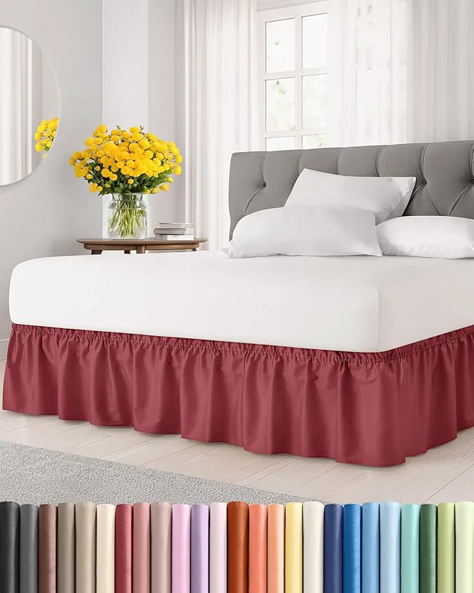 Dependable Wrap Around Dust Ruffle Bed Skirt – Burgundy – Twin Twin XL Size Beds with 18 Inch Drop – Easy Fit Elastic Strap – Adjustable Pleated Bedskirt w Brushed Fabric Wrinkle – Women Men Kids amp Teens Recyclable