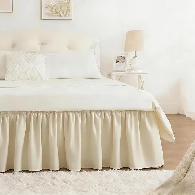 Practical RIMELA Light Beige Bed Skirt King Size 15 Inch Drop Elastic Bed Skirting for Bed Base and Frame Bedding Dust Ruffle Easy to Install Lightweight Wrap Around Adjustable Bedskirt Safe