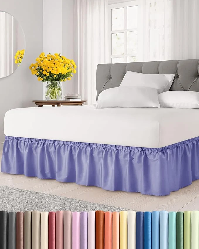Organic Wrap Around Dust Ruffle Bed Skirt – Lavender – for Queen Size Beds with 15 Inch Drop – Elastic Strap – Adjustable Pleated Bedskirt with Brushed Fabric and Wrinkle – for Women Men Kids amp Teens Soft