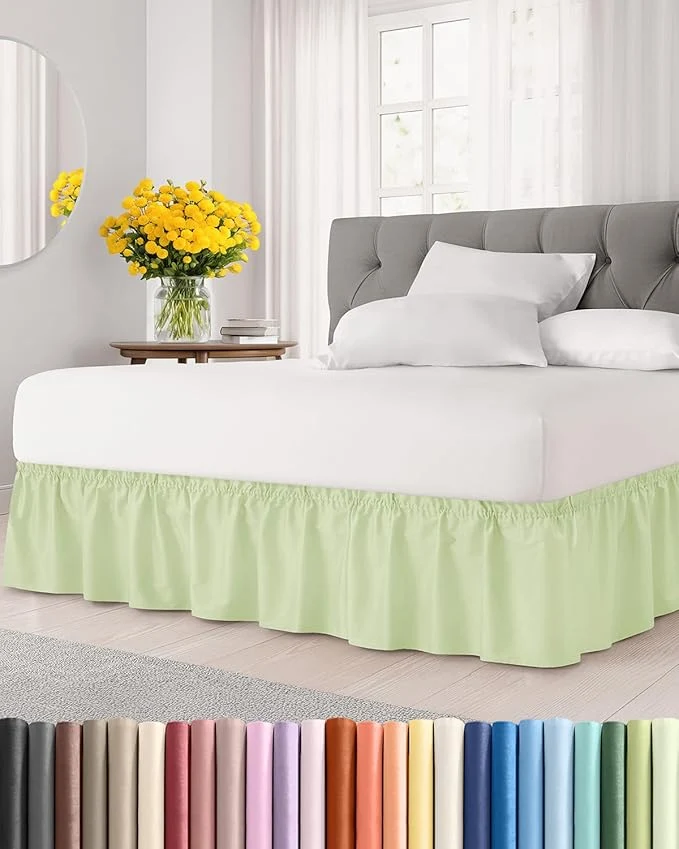 Unique Wrap Around Dust Ruffle Bed Skirt – Light Sage – for King Size Beds w 15 Inch Drop – Easy Fit Elastic Strap – Adjustable Pleated Bedskirt w Brushed Fabric – Wrinkle Women Men Kids amp Teens Innovative