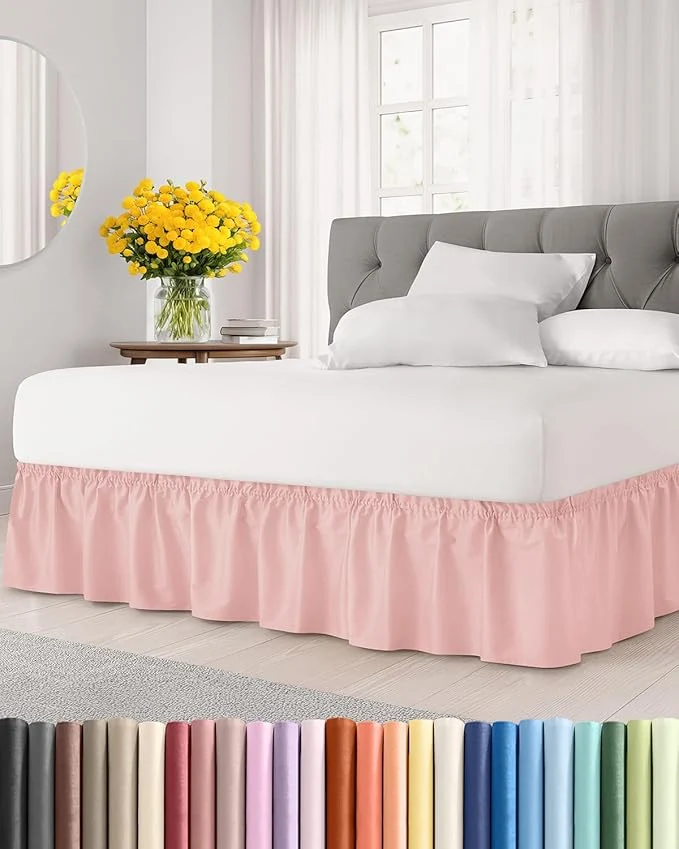 High-Performance Wrap Around Dust Ruffle Bed Skirt – Baby Pink – King Size Beds w 15 Inch Drop – Easy Fit Elastic Strap – Adjustable Pleated Bedskirt w Brushed Fabric – Wrinkle – Women Men Kids amp Teens Enhanced