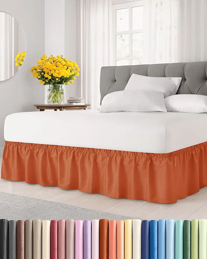 Versatile Wrap Around Dust Ruffle Bed Skirt – Terracotta – for Queen Size Beds w 15 Inch Drop – Easy Fit Elastic Strap – Adjustable Pleated Bedskirt w Brushed Fabric – Wrinkle Women Men Kids amp Teens Sophisticated