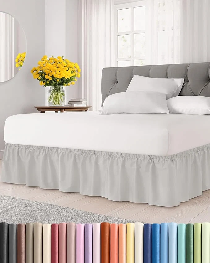 Sophisticated Wrap Around Dust Ruffle Bed Skirt – French Grey – for Queen Size Beds w 15 Inch Drop – Easy Fit Elastic Strap – Adjustable Pleated Bedskirt w Brushed Fabric – Wrinkle Women Men Kids amp Teens Flexible