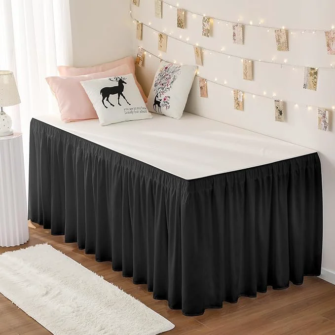 Environmentally Friendly RIMELA Dorm Bed Skirt Twin XL 25 Inch Drop Extra Long Wrap Around Elastic Bed Skirts Easy to Put On Twin Size Dust Ruffle Black Bedskirt for Adjustable Bed Base Solid Silky Fabric Machine Washable Contemporary