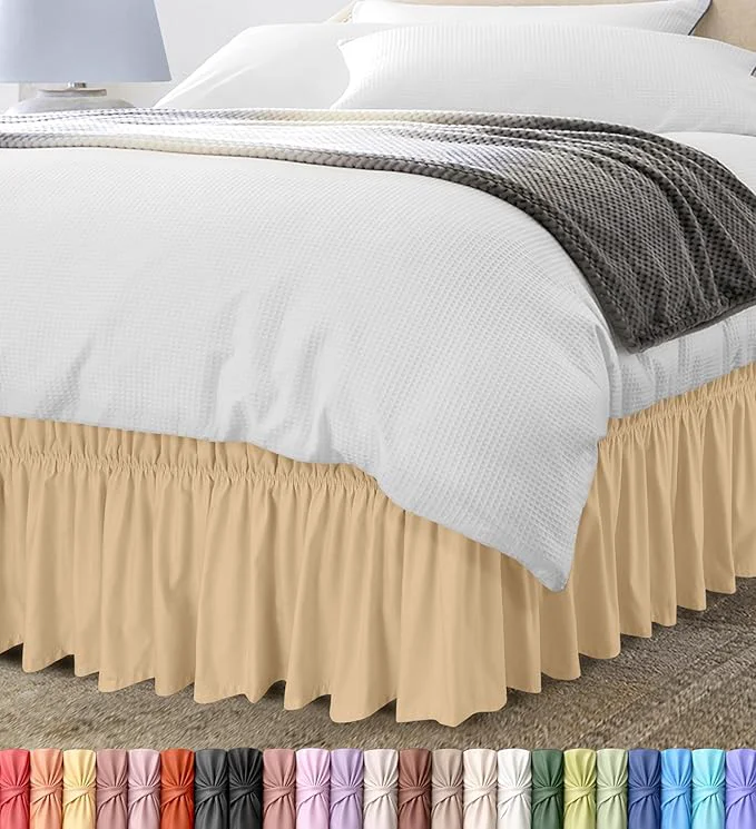 Minimalist Wrap Around Ruffle Queen Size Bed Skirt – Adjustable Buckle amp Elastic Belt for Easy Installation 16 Inch Drop – Brushed Microfiber – Machine Washable Fade and Wrinkle Resistant Beige High-Grade