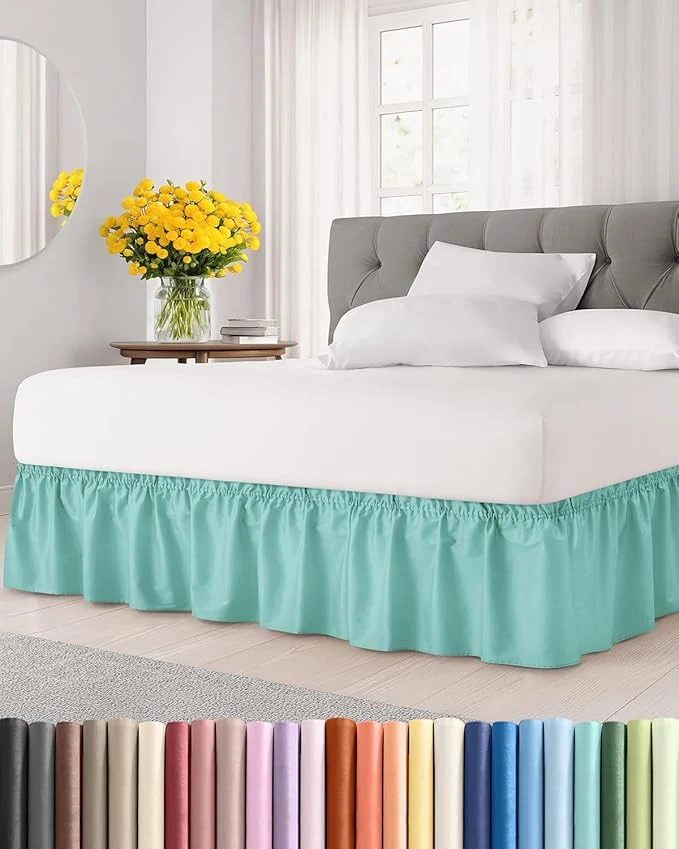 High-Quality Wrap Around Dust Ruffle Bed Skirt – Spa Blue – for Full Size Beds with 21 Inch Drop – Easy Fit Elastic Strap – Adjustable Pleated Bedskirt w Brushed Fabric Wrinkle – for Women Men Kids amp Teens Original Design