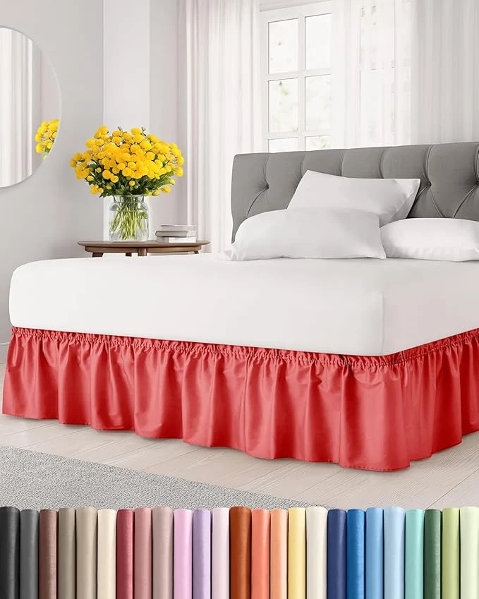 Elegant Wrap Around Dust Ruffle Bed Skirt – Red – for Full Size Beds with 15 Inch Drop – Easy Fit Elastic Strap – Adjustable Pleated Bedskirt w Brushed Fabric – Wrinkle – for Women Men Kids amp Teens Pure