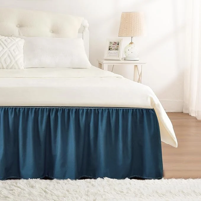 Premium RIMELA Dusty Navy Bed Skirt Queen Size 15 Inch Drop Wrap Around Elastic Bedskirt Dust Ruffle for Adjustable Bed Base Machine Washable Easy to Install Bed Skirts Crafted