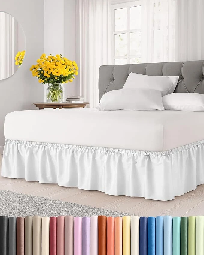 World-Class Wrap Around Dust Ruffle Bed Skirt – White – for King Size Beds with 12 Inch Drop – Easy Fit Elastic Strap – Adjustable Pleated Bedskirt w Brushed Fabric – Wrinkle – for Women Men Kids amp Teens Elite
