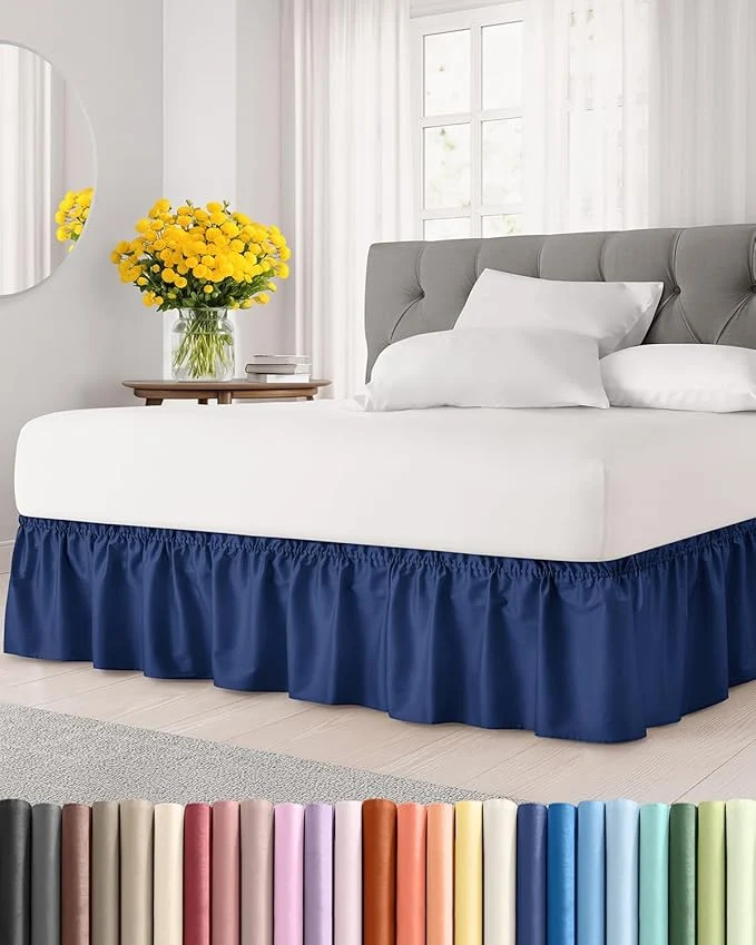Trendy Wrap Around Dust Ruffle Bed Skirt – Navy Blue – for Full Size Beds with 18 Inch Drop – Elastic Strap – Adjustable Pleated Bedskirt with Brushed Fabric and Wrinkle – for Women Men Kids amp Teens Consistent