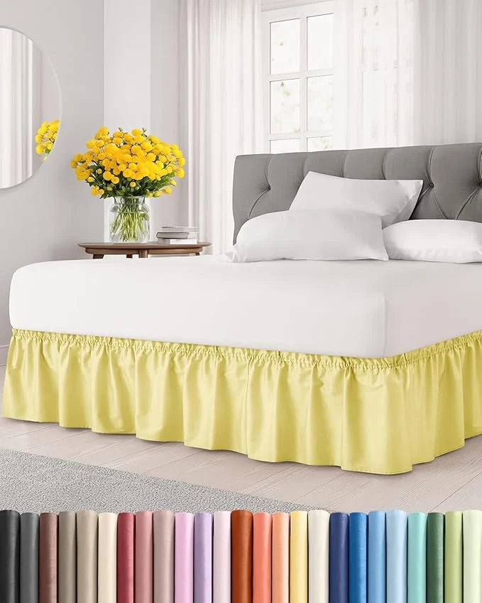 Powerful Wrap Around Dust Ruffle Bed Skirt – Yellow – for King Size Beds with 15 Inch Drop – Easy Fit Elastic Strap – Adjustable Pleated Bedskirt w Brushed Fabric – Wrinkle – for Women Men Kids amp Teens Organic