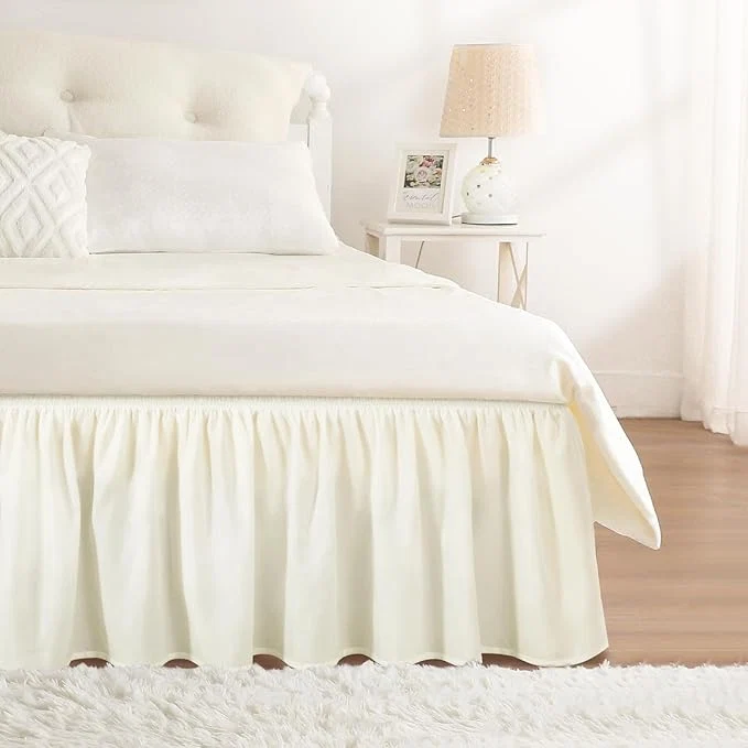Crafted RIMELA Queen Bed Skirt 14 Inch Drop Cream Wrap Around Elastic Bed Skirts Queen Size Dust Ruffle Bedskirt for Adjustable Bed Base Solid Silky Fabric Machine Washable Easy to Install Relaxed