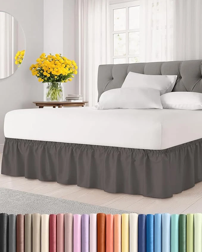 Fine Crafted Wrap Around Dust Ruffle Bed Skirt – Dark Grey – for King Size Beds with 21 Inch Drop – Elastic Strap – Adjustable Pleated Bedskirt with Brushed Fabric and Wrinkle – for Women Men Kids amp Teens Stylish