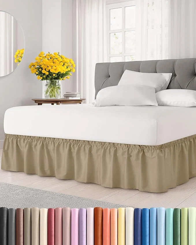 Refined Wrap Around Dust Ruffle Bed Skirt – Beige – for Queen Size Beds with 24 Inch Drop – Easy Fit Elastic Strap – Adjustable Pleated Bedskirt w Brushed Fabric – Wrinkle – for Women Men Kids amp Teens Prestigious