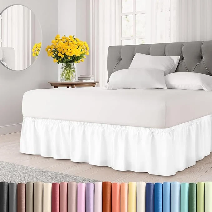 Practical Wrap Around Dust Ruffle Bed Skirt – White – for Full Size Beds with 12 Inch Drop – Easy Fit Elastic Strap – Adjustable Pleated Bedskirt w Brushed Fabric – Wrinkle – for Women Men Kids amp Teens Advanced