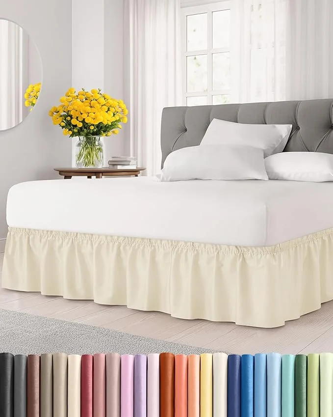 Prestigious Wrap Around Dust Ruffle Bed Skirt – Off White – for Queen Size Beds w 15 Inch Drop – Easy Fit Elastic Strap – Adjustable Pleated Bedskirt w Brushed Fabric – Wrinkle – Women Men Kids amp Teens Efficient