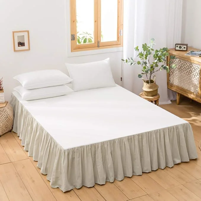 Detailed BISELINA French Linen Bed Skirt with Pleated Frills 14-Inch Tailored Drop Natural Flax Cotton Blend Dust Ruffle Soft Cozy Farmhouse Bedding 14 quot California King Ruffle Linen Proven
