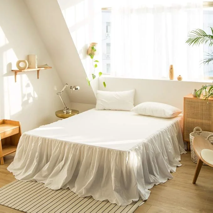 Eco-Friendly BISELINA French Linen Bed Skirt with Pleated Frills 18-Inch Tailored Drop Natural Flax Cotton Blend Dust Ruffle Soft Cozy Farmhouse Bedding 18 quot Queen Ruffle White Recyclable
