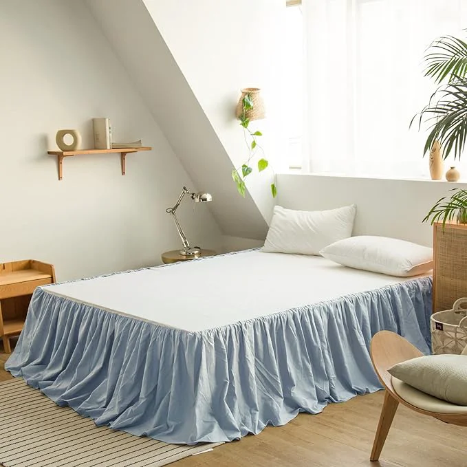 Artisan BISELINA French Linen Bed Skirt with Pleated Frills 14-Inch Tailored Drop Natural Flax Cotton Blend Dust Ruffle Soft Cozy Farmhouse Bedding 14 quot Full Ruffle Dusty Blue Stylish
